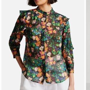 Ted baker carita ruffle sleeve blouse floral size  0 3/4 sleeve semi sheer NWT